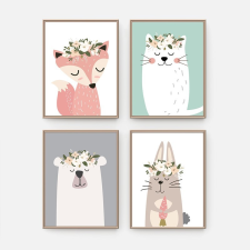BB design Romantikus állatkák virágkoszorúval babaszoba falikép grafika, keretezett kép