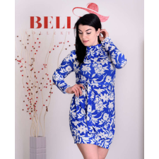 BellaKollektion Fodros nyakú fehér virágmintás kék ruha (S-L) női ruha