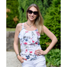 BellaKollektion Virágos mellnél fodros kék-pink virágos pántos top (S-M) női trikó