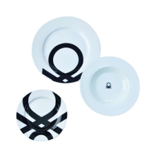 Benetton BE-0244 18 részes Porcelán Étkészlet, fekete-fehér tányér és evőeszköz