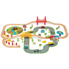 Bigjigs Rail fa vonatpálya országúttal 80 db kreatív és készségfejlesztő