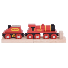 Bigjigs Rail piros mozdony tendervagonnal és 3 sínnel vágány