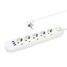 BLOW Hálózati Hosszabbító Kábel - 5 Aljzat + 3xUSB, 3 m, fehér, 2x1mm hosszabbító, elosztó