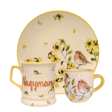 BögeManufaktúra Feliratos neves Tavaszi madárkás reggeliző szett bögrék, csészék