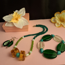  Borostyán, igazgyöngy és  Türkinit nyaklánc + fülbevaló + karkötő ékszer szett