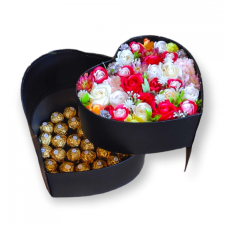 BoxEnjoy - fekete szív desszert doboz- piros szappanrózsával és Ferrero Rocher-val ajándéktárgy