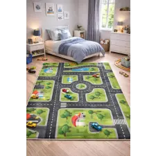 Budapest Carpet Den. Mile 5004-1 zöld-szürke 160 x 230cm autópályás gyerekszőnyeg lakástextília