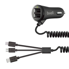 Budi LED car charger 2x USB, 3.4A + 3in1 USB to USB-C / Lightning / Micro USB cable (black) mobiltelefon kellék