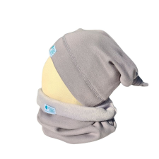  Bundás téli csomós sapka, világosszürke babasapka, sál