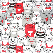 Canvas CAT TEAM, extra széles, cicás, fehér-piros, gyerekmintás pamutvászon méteráru