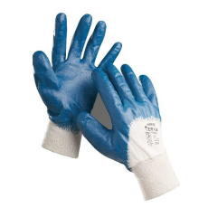 Cerva HARRIER Kötött pamutkelméből varrt, nitrilbe félig mártott kék munkavédelmi kesztyű rugalmas kötött mandzsettával.