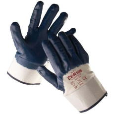 Cerva RUFF Kötött pamutkelméből varrt, nitrilbe félig mártott kék munkavédelmi kesztyű merev mandzsettával.