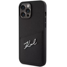 Cg mobile Apple iPhone 13 Pro Max, Műanyag hátlap védőtok + szilikon keret, bőrhatású hátlap, kártyatartóval, Karl Lagerfeld Saffiano Metal Signature Cardslot, fekete tok és táska