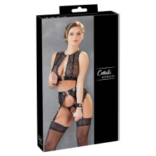 Cottelli Bondage - fényes csíkos, csipkés fehérnemű szett (4 részes) fehérnemű szett