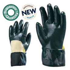 Coverguard Tenyéren Kevlar-ra, kézháton pamutra kétszer mártott kék nitril munkavédelmi kesztyű 7 cm-es biztonsági PVC mandzsetta, szellőző kézhát (9659-60)