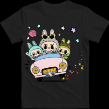 Createyou Labubu, autóval - Gyermek - Fekete - XL gyerek póló