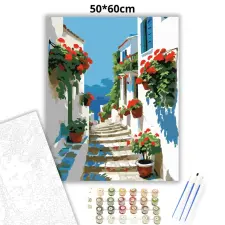 Creative Land Kft Piros muskátlik utcája - számfestő készlet – 50×60 cm (Keret nélkül) kreatív és készségfejlesztő