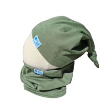  Csomós sapka kétrétegű, egyszínű, khaki babasapka, sál