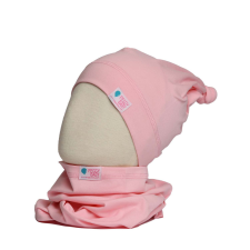 Csomós sapka kétrétegű, egyszínű, világos-pink babasapka, sál