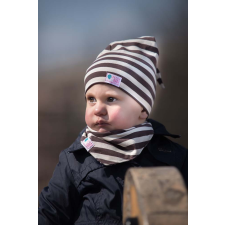  Csomós sapka kétrétegű extra, csík, sötétbarna-fehér babasapka, sál