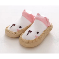  Csúszásgátlós babacipő, puha talpú babazokni - Fehér- rózsaszín macis -12 cm