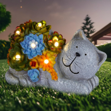 Deconline Garden Kerti figura szolár Macska lámpa, kőhatású, színes pozsgás növényekkel 22 cm dekorációs kellék