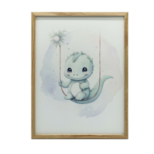 Dinazaur na huśtawce, 30x40 cm, rama drewniana biała, papier matowy 230 gsm grafika, keretezett kép