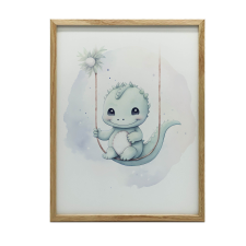  Dinazaur na huśtawce, 70x100 cm, rama aluminiowa złota, papier matowy 230 gsm grafika, keretezett kép
