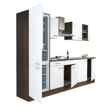 Dinewell Yorki 270 konyhablokk yorki tölgy korpusz,selyemfényű fehér fronttal alulfagyasztós hűtős szekrénnyel bútor