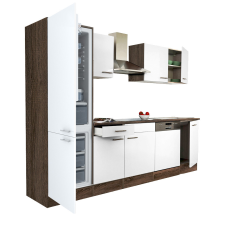 Dinewell Yorki 280 konyhablokk yorki tölgy korpusz,selyemfényű fehér fronttal alulfagyasztós hűtős szekrénnyel bútor