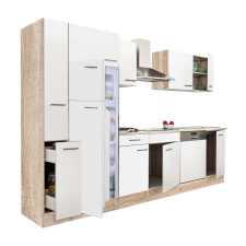 Dinewell Yorki 310 konyhablokk sonoma tölgy korpusz,selyemfényű fehér fronttal felülfagyasztós hűtős szekrénnyel bútor