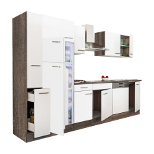 Dinewell Yorki 310 konyhablokk yorki tölgy korpusz,selyemfényű fehér fronttal felülfagyasztós hűtős szekrénnyel bútor