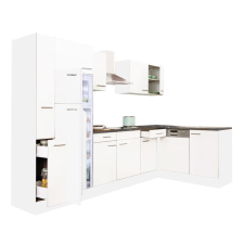 Dinewell Yorki 310 sarok konyhablokk fehér korpusz,selyemfényű fehér fronttal felülfagyasztós hűtős szekrénnyel bútor