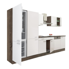 Dinewell Yorki 340 konyhablokk yorki tölgy korpusz,selyemfényű fehér fronttal polcos szekrénnyel és alulfagyasztós hűtős szekrénnyel bútor