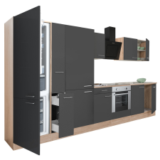 Dinewell Yorki 360 konyhablokk sonoma tölgy korpusz,selyemfényű antracit front alsó sütős elemmel polcos szekrénnyel és alulfagyasztós hűtős szekrénnyel bútor