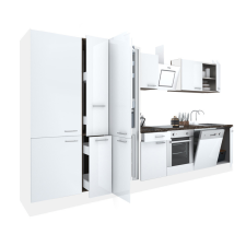 Dinewell Yorki 370 konyhablokk fehér korpusz,selyemfényű fehér front alsó sütős elemmel polcos szekrénnyel és alulfagyasztós hűtős szekrénnyel bútor