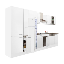 Dinewell Yorki 370 konyhablokk fehér korpusz,selyemfényű fehér fronttal polcos szekrénnyel és felülfagyasztós hűtős szekrénnyel bútor