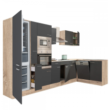 Dinewell Yorki 370 sarok konyhablokk sonoma tölgy korpusz,selyemfényű antracit fronttal alulagyasztós hűtős szekrénnyel bútor