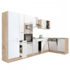 Dinewell Yorki 370 sarok konyhablokk sonoma tölgy korpusz,selyemfényű fehér fronttal polcos szekrénnyel