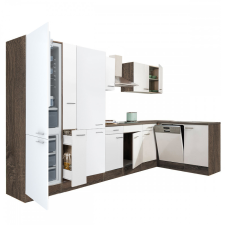 Dinewell Yorki 370 sarok konyhablokk yorki tölgy korpusz,selyemfényű fehér fronttal polcos szekrénnyel és alulfagyasztós hűtős szekrénnyel bútor