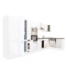 Dinewell Yorki 430 sarok konyhablokk fehér korpusz,selyemfényű fehér fronttal alulagyasztós hűtős szekrénnyel bútor
