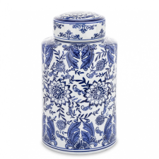  Díszes kék-fehér festett virágmintás fedeles kerámia tároló amfora 38x18x18cm papírárú, csomagoló és tárolóeszköz