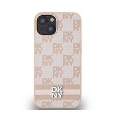DKNY PU Leather Checkered Pattern and Stripe Apple iPhone 15 hátlap tok, rózsaszín tok és táska