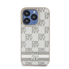 DKNY PU Leather Checkered Pattern and Stripe iPhone 14 Pro hátlap tok, bézs tok és táska
