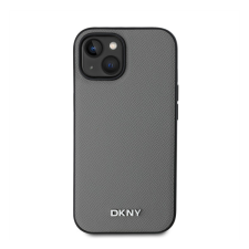 DKNY PU Leather Silver Metal Logo iPhone 14 MagSafe tok, szürke tok és táska