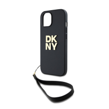 DKNY PU Leather Stack Logo Apple iPhone 14 hátlap tok csuklópánttal, fekete tok és táska