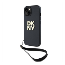 DKNY PU Leather Stack Logo Apple iPhone 15 hátlap tok csuklópánttal, fekete tok és táska