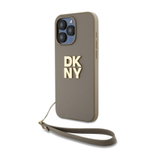DKNY PU Leather Stack Logo Apple iPhone 15 Pro hátlap tok csuklópánttal, bézs tok és táska