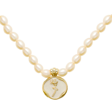Dollcini francia gyöngy nyaklánc zománcozott virág medállal - Rose, Handmade Jewelry,Arany ékszer szett