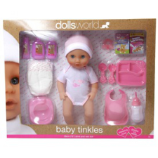 Dolls World Baby Tinkles baba, 38 cm, iszik-pisil, kiegészítőkkel, étellel és pelenkával baba